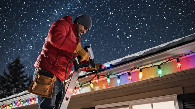 Hanging Christmas Lights on a Roof - A man in a red puffer jacket hangs Christmas lights on a snow-covered roof at night. He uses a staple gun to secure the lights and smiles as he works.
