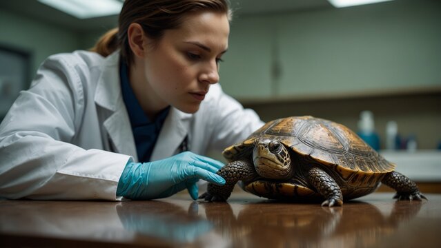 Female veterinarian examining turtle on clinic table
