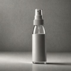 Clear spray bottle with label in minimal gray studio setting