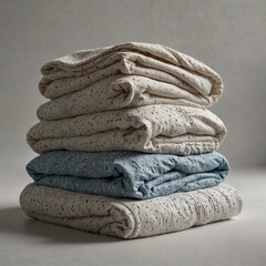 Stack of folded patterned blankets in soft neutral tones