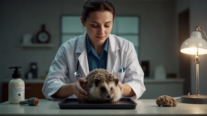 Female veterinarian examining hedgehog in clinic under lamp