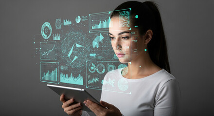 Futuristic Biometric Scan Young Woman Engages with Advanced Facial Recognition and Data Analysis Interface