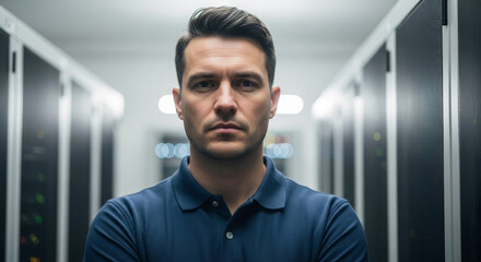 Confident IT professional with arms crossed standing in a modern data center looking at the camera