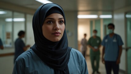 Female healthcare worker in hijab standing in hospital corridor