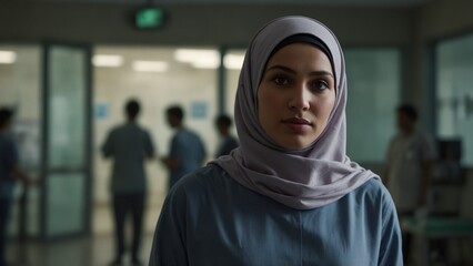 Female nurse in hijab standing in busy hospital corridor