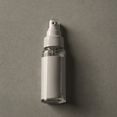 Transparent spray bottle with white label on gray background