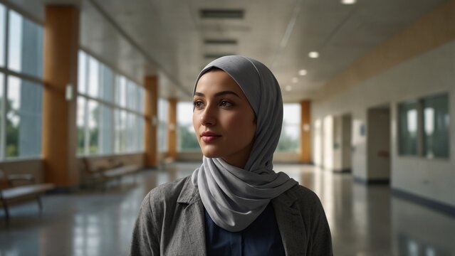 Young Muslim woman in hijab standing in bright modern hallway