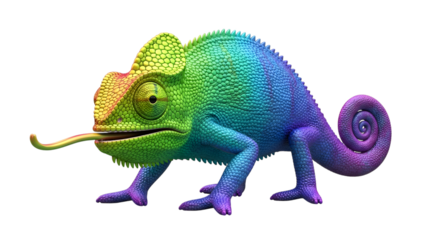 Vibrant rainbow colored chameleon with tongue extended isolated on transparent background