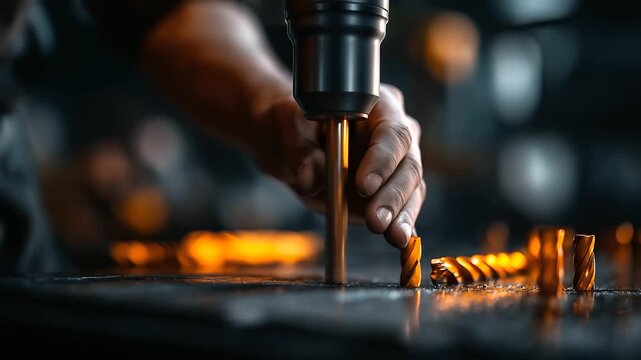A construction worker uses a perforator to drill hyper realistic drill bits with clear details moody shadows on the surface bright saturation in construction tools perforator