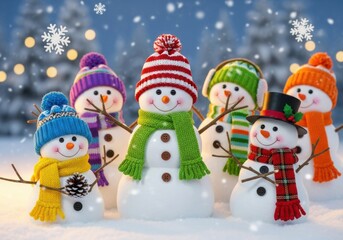 A cheerful group of snowmen dressed in colorful winter hats and scarves
