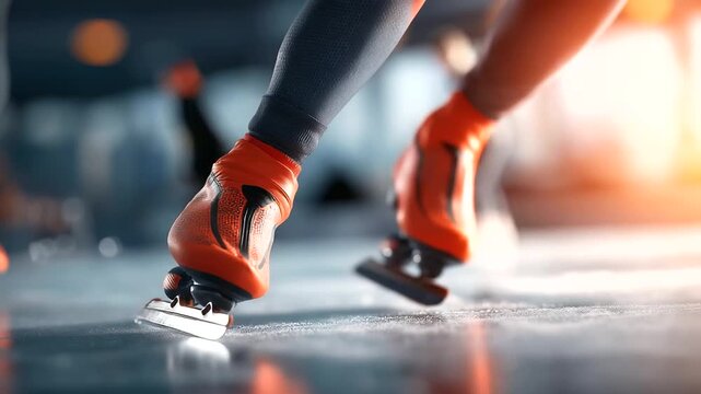 A speed skater races on a track hyper realistic skate details with clear textures moody shadows on the ice bright saturation in athletic gear speed skating competitive sports