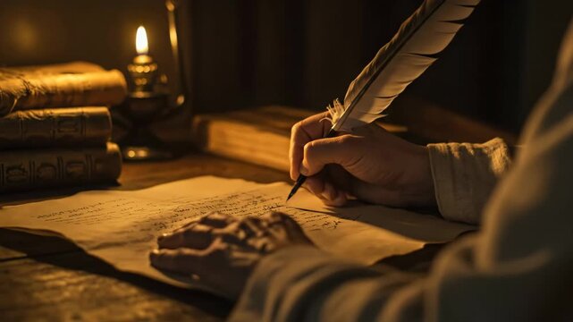 Man writing ancient manuscript with quill pen and ink by candlelight. Scribe hand creating historic document. Old testament biblical era concept.