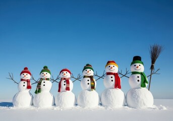 A line of adorable snowmen with hats and scarves under a blue sky