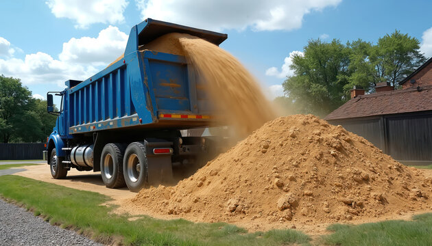 Blue dump truck unloads golden sand onto construction site. Heavy machinery prepares ground for new building project. Bulk cargo delivery service prepares site.