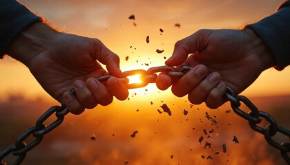 Two strong hands actively pull apart heavy metal chain against sunset. Bright sun shines dramatically through broken link, creating impactful silhouette. Shows freedom, liberation, overcoming limits.