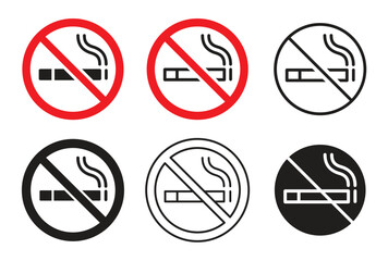 No Smoking Sign vector design collection. No Cigarette Warning information signs Isolated on White, Red and Black Round Stickers, International symbol, Editable pictograms, Vector stock