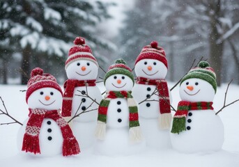 A happy family of snowmen in a winter wonderland