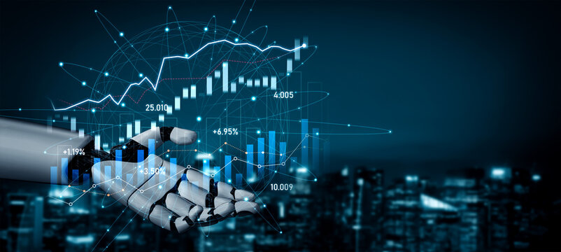A robotic hand showcases dynamic financial data visualization against a modern city backdrop, highlighting themes of technology, innovation, and analytics. Scalp