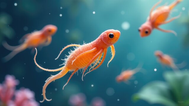 Group of small orange fish swimming in an aquarium