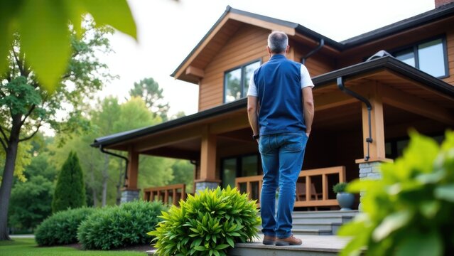 A person standing on the step outside a residential home, possibly waiting for someone or checking something