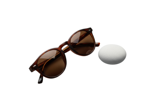 Stylish brown tortoiseshell round-frame sunglasses with dark brown tinted lenses and a pale grey river stone on a solid transparent background, high key studio lighting, luxury eyewear concept