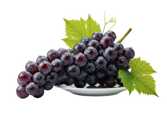 Perfect dark purple grapes, bloom and dewdrops on white plate with green leaves, transparent background, high key studio lighting, photorealistic macro, luxury fresh product concept