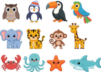 Obraz premium Cute cartoon animal collection set including jungle zoo sea and bird characters for kids learning materials coloring books stickers and clipart design