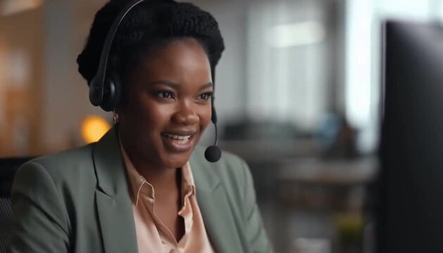 Black female call center agent sitting at her desk, wearing a professional headset, engaged in conversation with a customer
