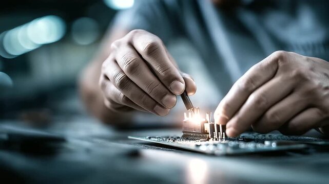 A technician manufactures a microcontroller circuit board hyper realistic PCB details with clear textures moody shadows on the workbench bright saturation in electronic