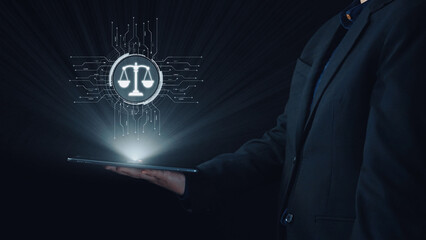 Futuristic digital law interface displaying justice scale, highlighting digital law, AI compliance, digital law systems, and digital law regulations for secure governance. Elide