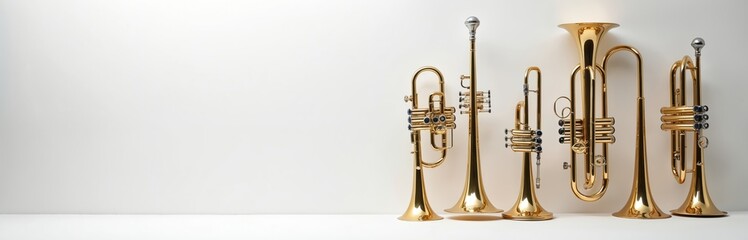 Fototapeta premium Golden brass instruments on white background. Trumpets and tuba stand on surface. Shiny music tools for orchestra or band performance. Musical instruments for concert or melody creation.