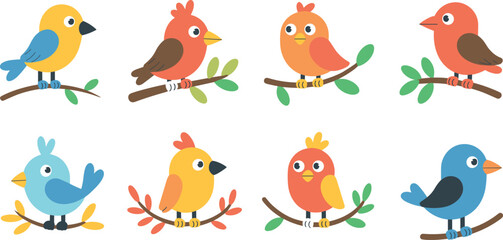 Naklejka premium Cute colorful cartoon birds sitting on branches set, flat vector illustration for kids clipart, nursery decoration, spring forest animal bundle