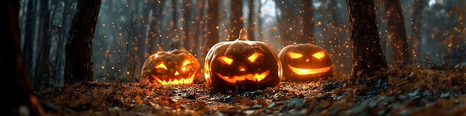 Three carved pumpkins with glowing eyes sit in forest setting.