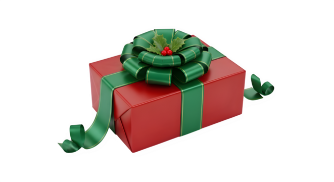 Festive red gift box with a green ribbon and holly berry decoration, isolated on transparent background this present is perfect for christmas, birthdays, or any special occasion - Powered by Adobe