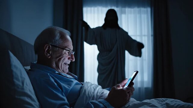 Senior Man in Bed with Jesus Figure - An elderly man wearing glasses is lying in bed looking at his smartphone in a dark room.