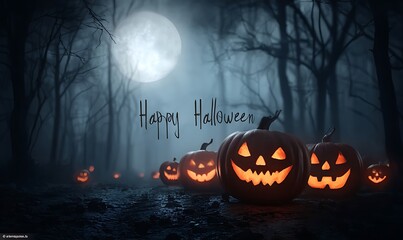 Spooky Halloween Night with Glowing Pumpkins and Full Moon in Dark Forest Setting.