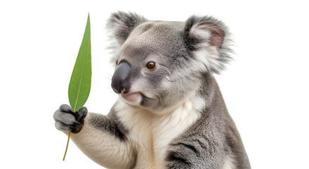 A captivating koala isolated on transparent background gazes intently while holding a vibrant green leaf, showcasing the beauty and uniqueness of australian wildlife in a studio setting