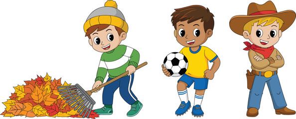 Cartoon children illustration, soccer player, cowboy costume, autumn leaf raking, kids activity, seasonal outfit, cheerful boys, white background