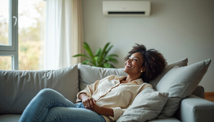 Young black woman smiles relaxing on couch. Home air conditioner provides cool comfortable indoor climate. She enjoys fresh air flow in living room during hot summer day.