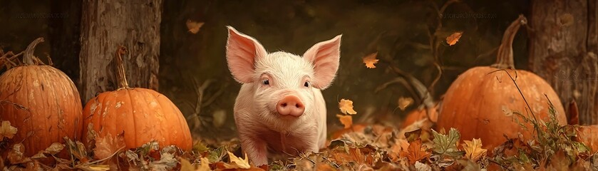 The piglet among pumpkins and autumn leaves in a rustic forest setting.