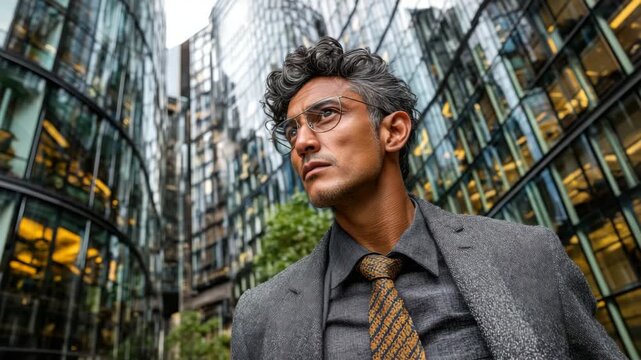 Business professional walking confidently outside modern glass buildings in a vibrant urban environment during the day