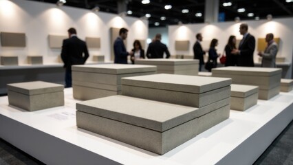 People gathered around a display case with various objects and products on display