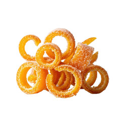 Candied orange zest ribbons with vibrant orange hues, crystalline sugar coating, and golden crystals on a pristine transparent background, macro commercial food photography. Gourmet product