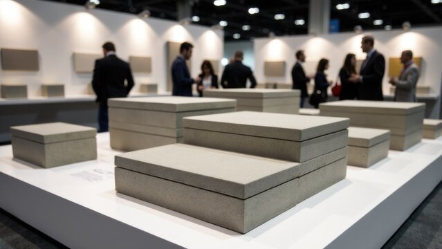 People gathered around a display case with various objects and products on display