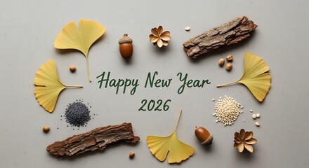 Celebrate the coming year with elegant autumn elements and a festive 'Happy New Year 2026' greeting