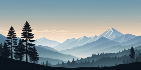 Breathtaking view of a winter sunrise over the Alps with snow on the mountain peaks and pine trees in the valley
