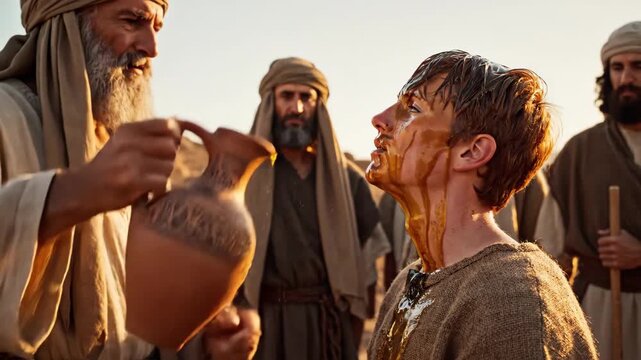Anointing Ceremony - An outdoor scene depicts a man having oil poured over his head from an ornate jug, likely part of an anointing ceremony.