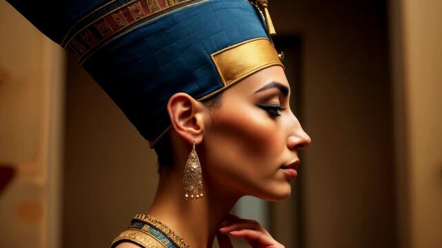 Portrait of Nefertiti in Egyptian blue and gold headdress with ornate jewelry. Ancient Egyptian queen with elegant makeup and regal appearance. Classic historical art depicting famous pharaoh.