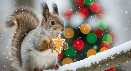 Adorable squirrel enjoys star cookie on snowy branch with festive bokeh lights
