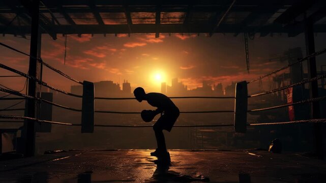 Silhouetted boxer stands in a ring at sunset, viewed from a low angle. Dramatic and cinematic, perfect for a motivational sports video.